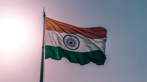 Indian tricolor flag billowing against sunlit pastel sky.