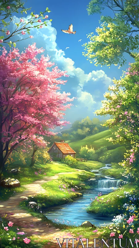 Digital landscape shows stream, cottage and flowering trees