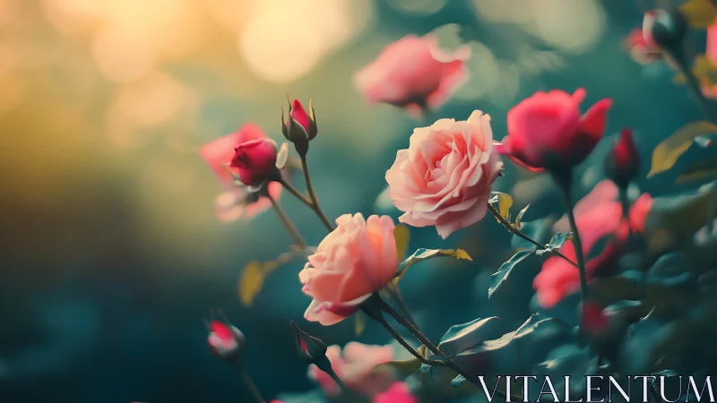 Pink roses with buds on blurred teal background