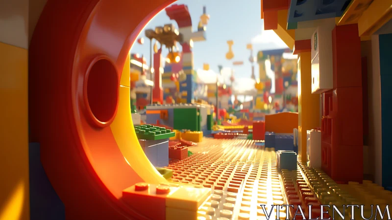 Colorful close-up view of sunlit plastic brick city street.