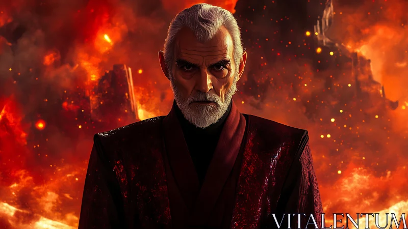 Elderly male figure stands before dense fiery backdrop