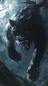 Ferocious Black Panther with Crimson Eyes Snarling.
