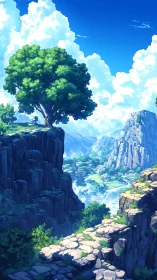 Sunlit cliffside tree overlooking a peaceful valley vista.