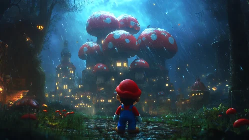 Rain-soaked mushroom cityscape envelopes lone game hero