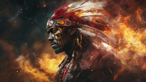Warrior chief profile in firestorm with feathered headdress.