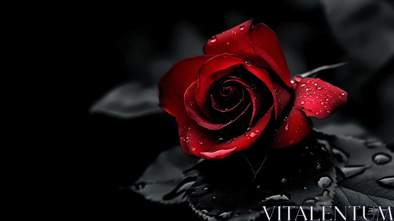 Red Rose with Water Droplets Against Dark Background.