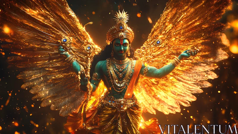 Divine blue deity rises with blazing jeweled golden wings.