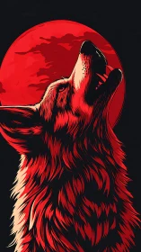 Graphic vector wolf howling before a stylized blood moon.