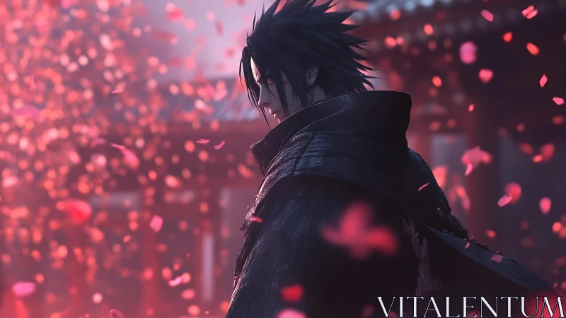 Brooding anime warrior stands amid drifting crimson petals