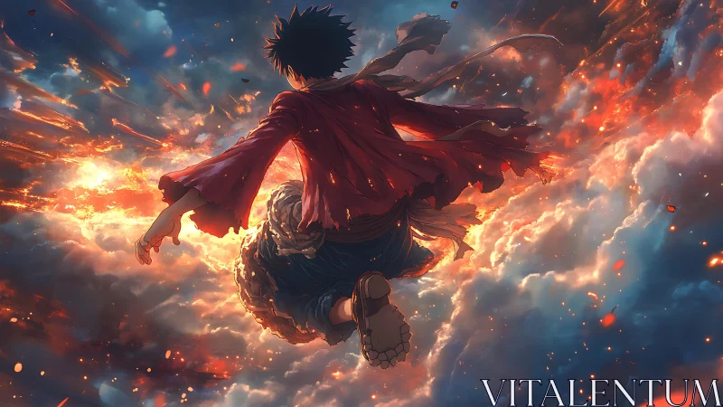 Shonen hero soars through burning storm clouds at dusk