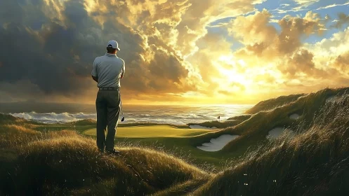 Golfer observing coastal links green under low sunset sky.