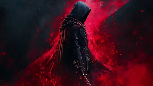 Hooded dark warrior with sword in red smoke storm.