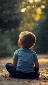 Quiet woodland sunset with a daydreaming little explorer.