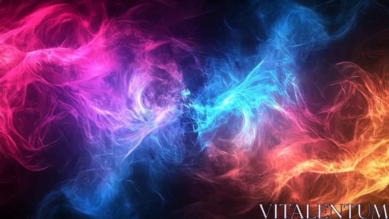 Tri-color flowing energy wisps on dark digital background.