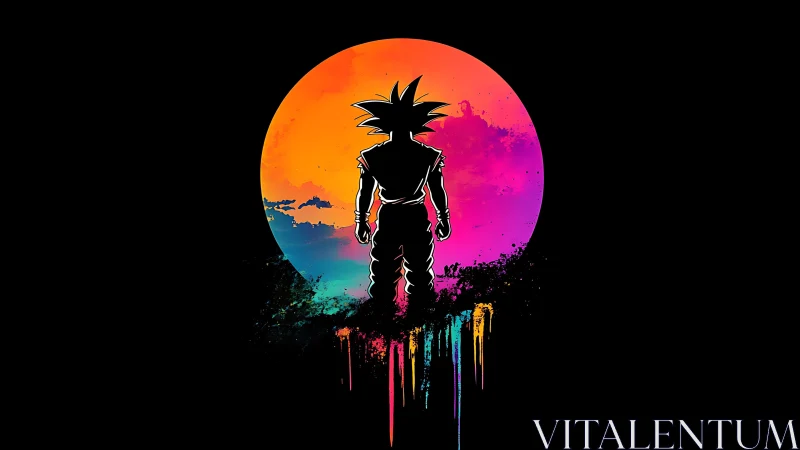 Silhouetted anime warrior before neon sunset sphere.