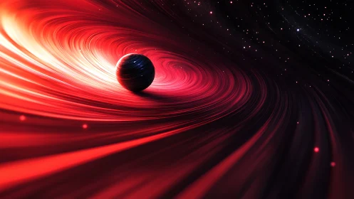 Dark sphere in swirling red cosmic energy field orbit.