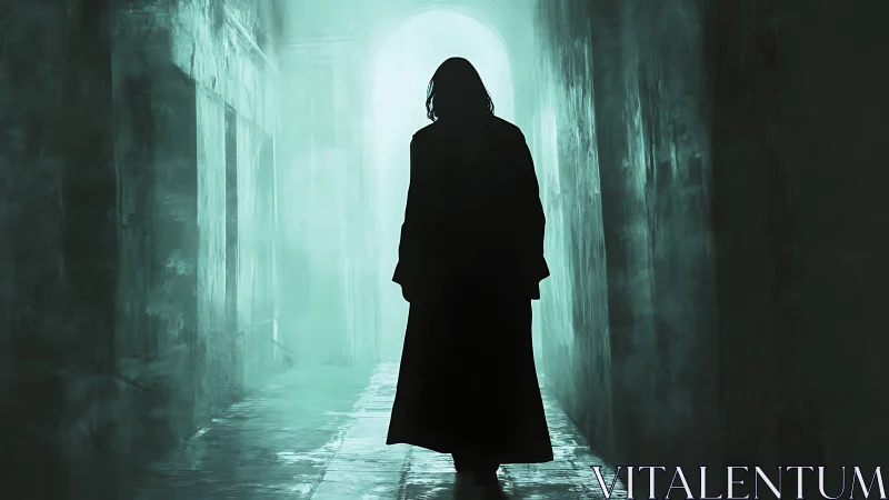 Silhouetted figure in long coat within narrow misty corridor.