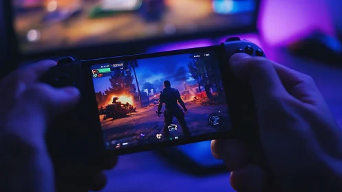 Handheld Gaming Device Displaying Post-Apocalyptic Action Sequence.