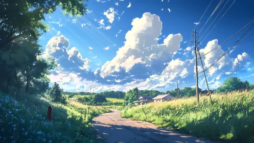 Rural asphalt lane under volumetric cumulus skyfield illumination.