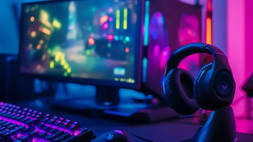 Immersive RGB gaming desk with neon-lit peripherals at night.