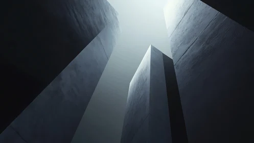 Architectural structures photographed from below against overcast sky.