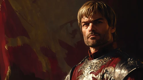 Knight in reflective plate armor under directional warm lighting