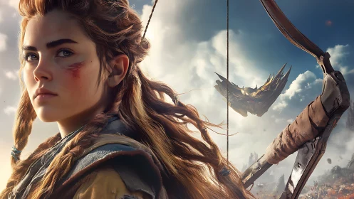 Young archer observes distant mechanical aircraft in sky