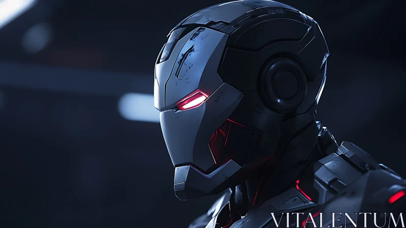 Futuristic armored android gazes ahead in moody blue light.