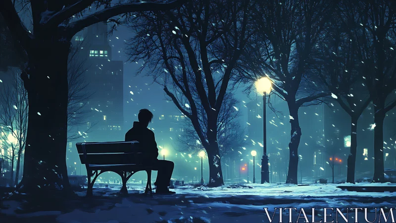Solitary figure on park bench in snowy neon city night.