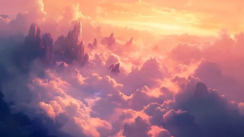 Sunlit crystal peaks slice through glowing pastel clouds.