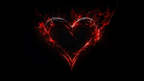 Incandescent Heart Form with Radial Flame Emission on Noir Background