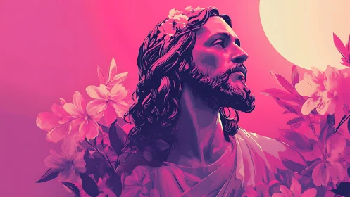 Neon magenta divine portrait with floral halo and rising sun