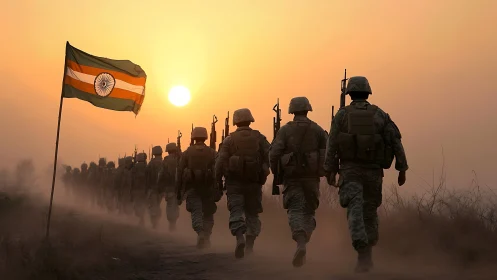 Indian soldiers march through dusty terrain at sunset.