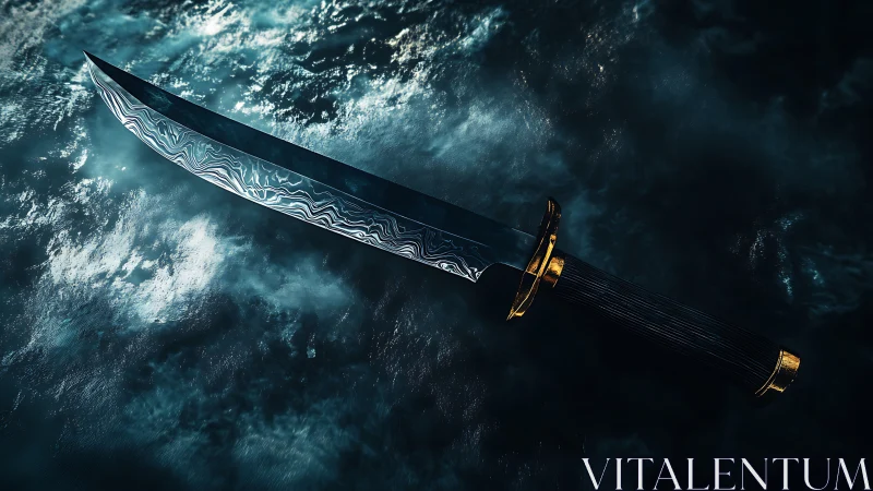 Damascus steel tactical knife over stormy ocean water.