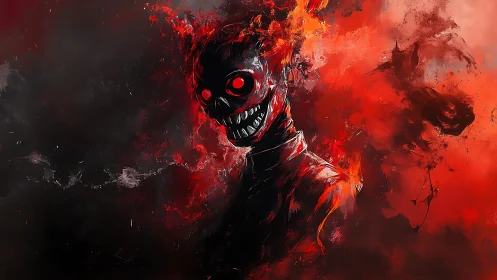 Flaming demon skull grins through swirling red chaos and ash