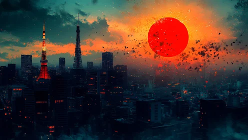 Urban skyline under large red sun with scattered debris.