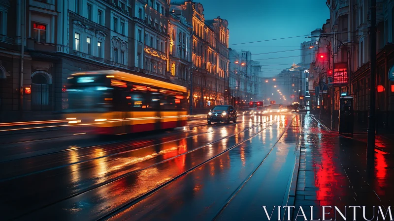 Neon rainway rush on a blue hour electric boulevard.