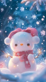 Cute snowman character in pink hat and scarf at night.