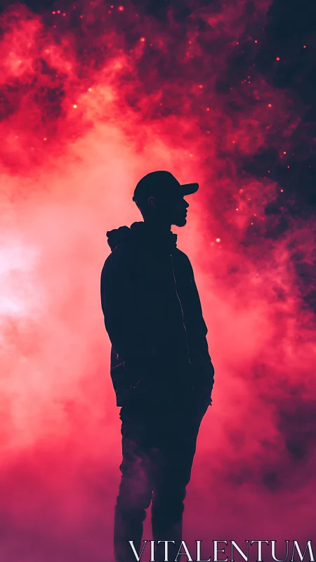 Silhouetted dreamer standing in glowing pink cosmic haze.