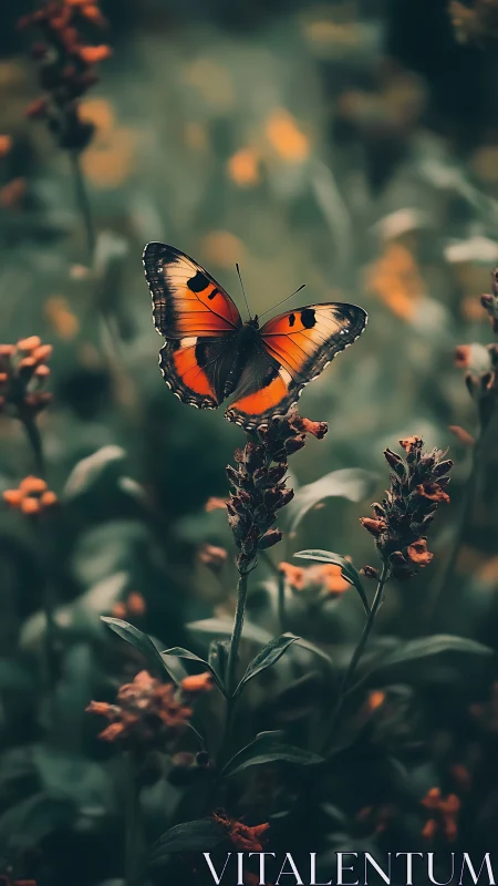 Velvet twilight garden crowns a lone ember winged butterfly