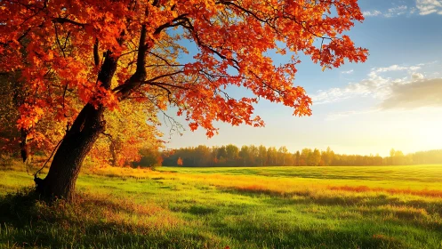 Autumn tree with orange foliage beside sunlit open field.