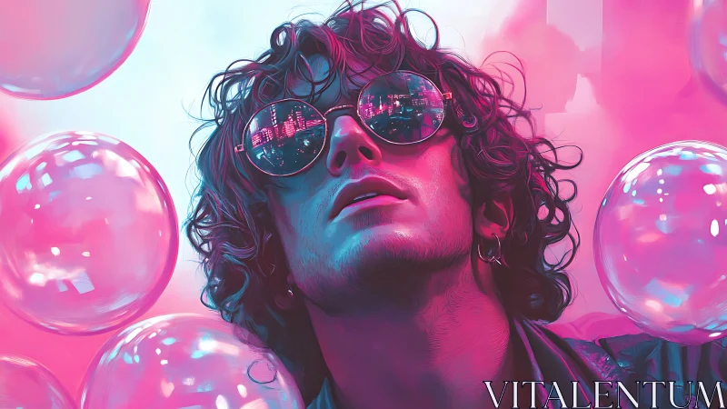 Neon-lit portrait renders reflective eyewear in vaporwave hues