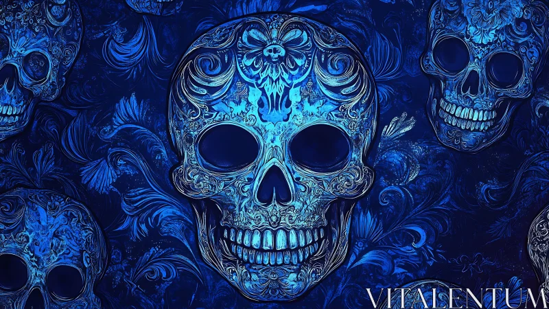 Intricate blue ornamental skulls with high-contrast floral engravings