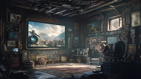 Dark studio interior shows large sci-fi scene on wall display