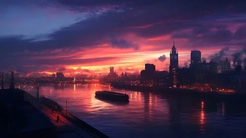 Industrial river city skyline under vivid sunset sky.