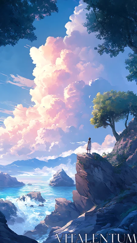 Solitary dreamer gazes toward towering cotton candy clouds.