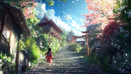 Sunlit shrine steps and drifting cherry blossom daydreams.