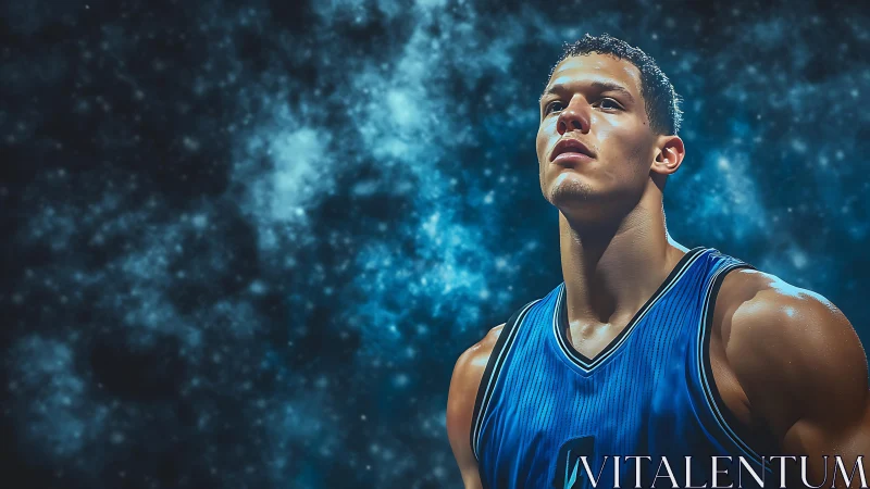 Basketball player rendered against diffuse blue nebula field