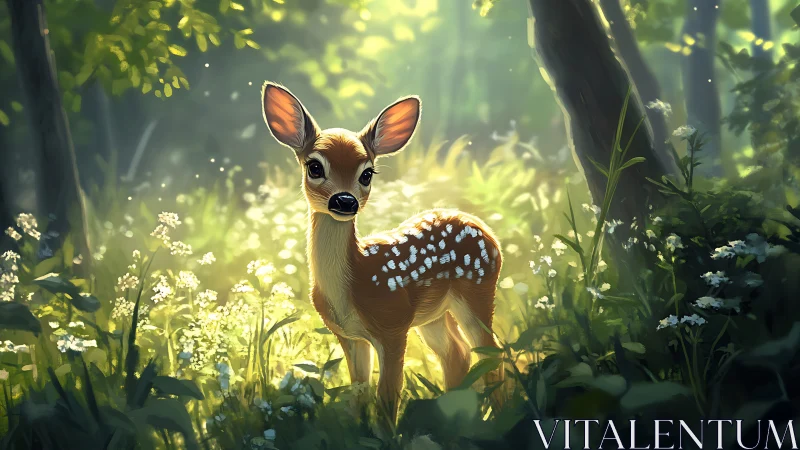 Young fawn in glowing forest clearing with soft morning light.