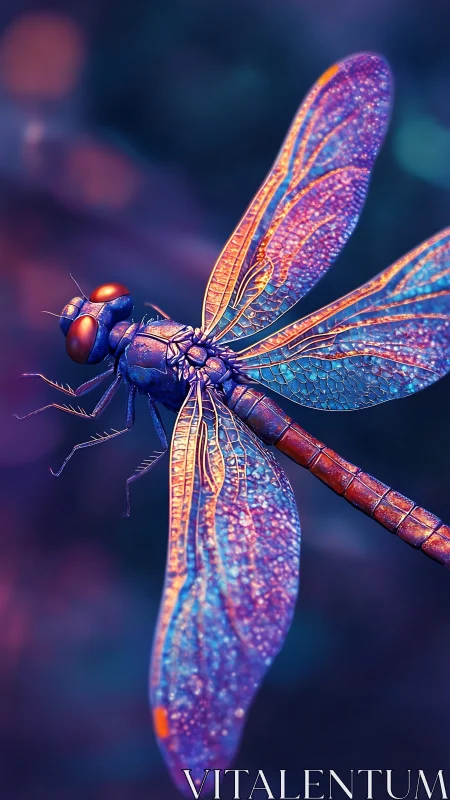 Close-up view of iridescent dragonfly on blurred backdrop.